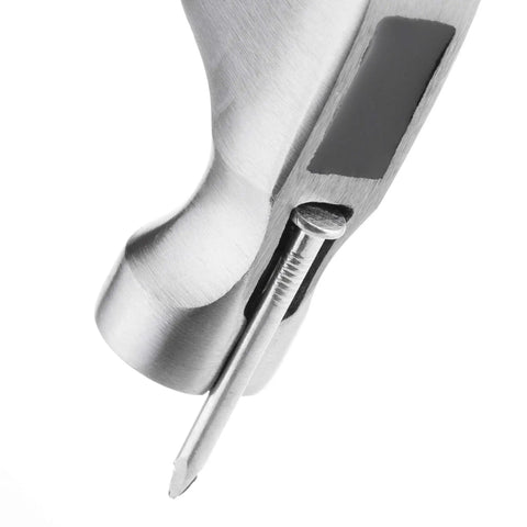 Compact 8oz magnetic claw nail hammer with an ergonomic non-slip handle holding a nail, high-density carbon steel, rust-resistant