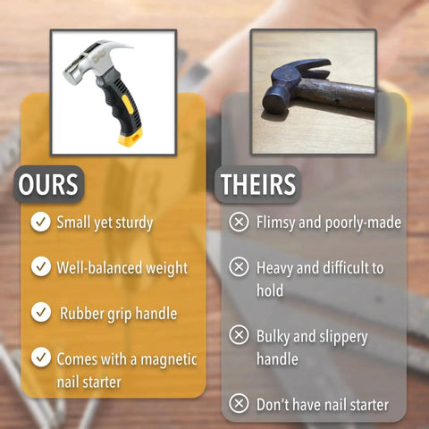 Comparison of a compact 8oz magnetic claw nail hammer with ergonomic non-slip handle and a bulky traditional hammer