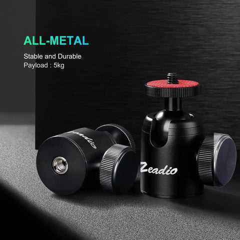 Compact Metal Mini Ball Head With 1/4 Inch And 3/8 Inch Screw Mount For DSLR Cameras, showing design and size details.