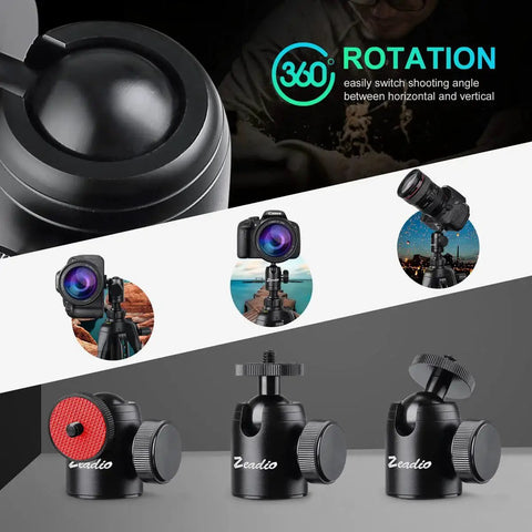 Compact Metal Mini Ball Head With 1/4 Inch And 3/8 Inch Screw Mount For DSLR Cameras And Camcorders showcasing 360 degree rotation.