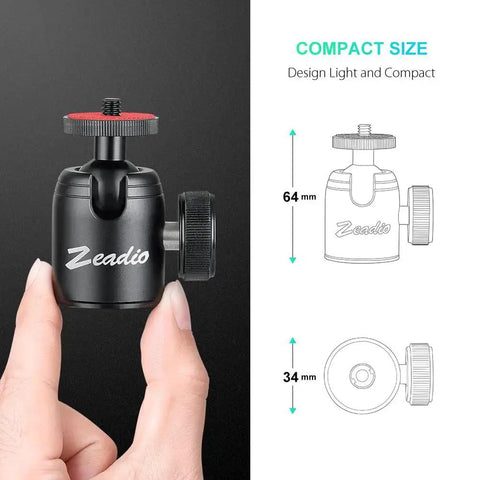 Compact Metal Mini Ball Head With 1/4 Inch And 3/8 Inch Screw Mount, 64mm high, 34mm base, on black background with dimensions shown.