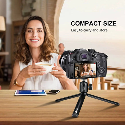 Woman using camera with Compact Metal Mini Ball Head With 1/4 Inch And 3/8 Inch Screw Mount for DSLR Cameras and Camcorders on tripod