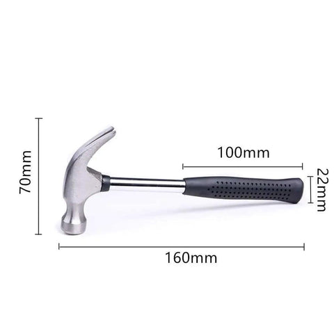 Compact Mini Claw Hammer With Rubber Handle Handy Lightweight Hand Tool For Home Repairs Carpet And Wall Nail Remover Non Slip Shock Absorber shown with dimensions.