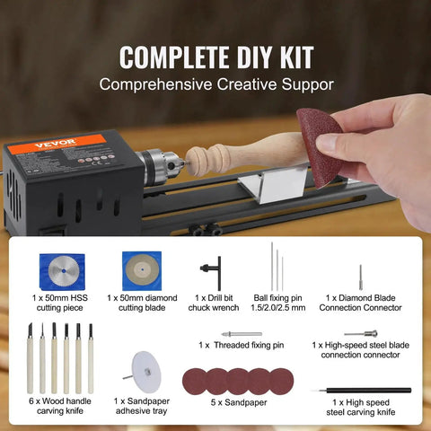 Compact Mini Wood Lathe Machine With Seven Speeds 4220 5300 5650 6350 6660 7050 8450 RPM 24V DC 96W Portable DIY Woodworking Kit
