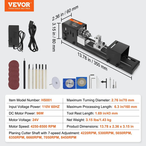 Compact Mini Wood Lathe Machine With Seven Speeds 4220 5300 5650 6350 6660 7050 8450 RPM 24V DC 96W Portable DIY Woodworking Lathe