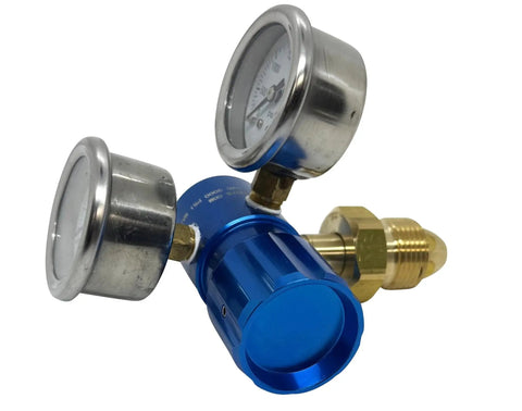 High Performance Compact Aluminum Nitrogen Regulator 0 To 400 PSI With One Quarter Inch FNPT Outlet, blue anodized finish, dual chrome gauges