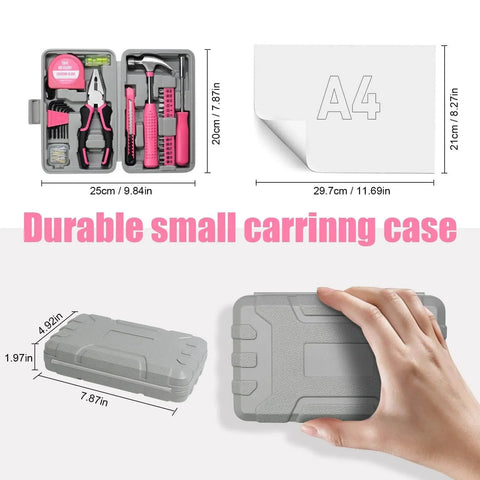 Image showing compact pink 25 Piece Pink Tool Set for Women Portable DIY Home Repair Kit with Beginner Friendly Tools in a carry case.