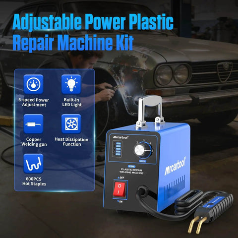 Adjustable Power Plastic Repair Welder Kit With 600 Hot Staples for Bumper Repair and DIY Projects, close-up view of welder.