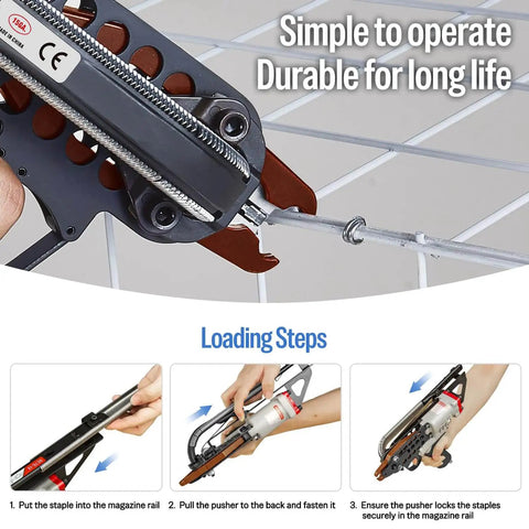 Compact Pneumatic Hog Ring Gun With 15 Gauge 3/4 Inch Crown Pliers, 5.5 To 6.0 Mm Closure, securing fencing wire.