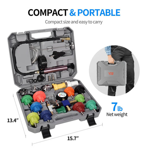 VTG VOGTEN 25-piece coolant pressure tester and vacuum refill kit in gray portable case with colorful adapters