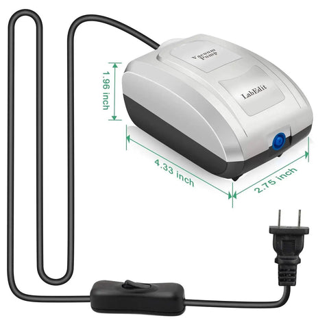 Portable Vacuum Pump For Lab Filtration And Distillation, Low Vacuum Solution With Tubing And Connectors, compact design shown with dimensions.