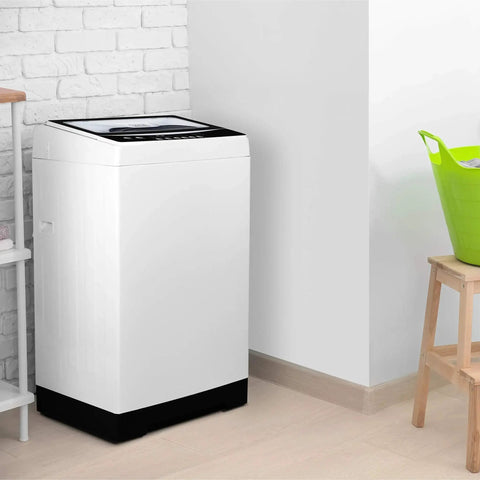 Compact Portable Washer For Home Use With 2.0 Cu Ft Capacity And 6 Wash Cycles Stainless Steel Tub LED Display Ideal For Apartments Dorms RVs And Small Living Spaces That Make Laundry Easy In Tight Living Areas. Standing next to a laundry basket in a small room.