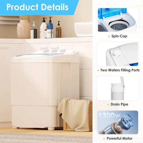 Compact 16 lb portable washer dryer combo perfect for apartments, dorms, RVs, and camping, shown with control features.