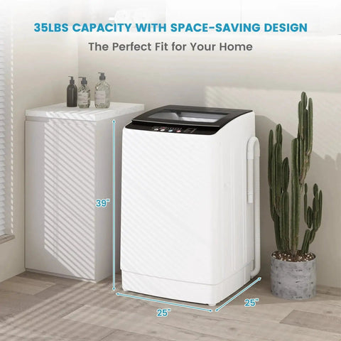 Compact Portable Washing Machine For Apartments With 35 Lb Capacity, 12 Wash Cycles, side view in small laundry room