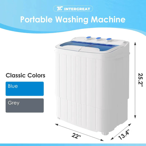 Compact 16 lb portable washer dryer combo perfect for apartments, dorms, RVs, and camping shown in white with blue accents.