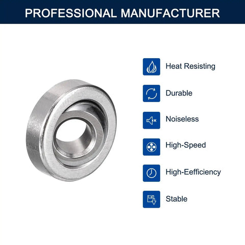 Compact radial spherical bearing, 5mm ID, 14mm OD, 6mm wide, highlighting heat resistance, durability, and efficiency features.