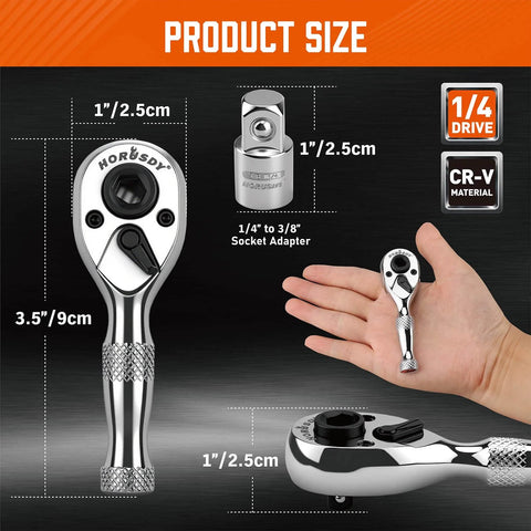Stubby 1/4-Inch Ratchet Wrench Set With 90-Tooth Reversible Drive, Magnetic Bit Driver, And 1/4-Inch To 3/8-Inch Adapter