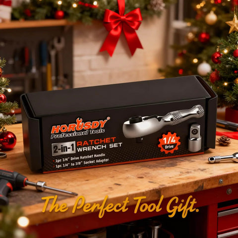 Stubby 1/4-Inch Ratchet Wrench Set With 90-Tooth Reversible Drive, Magnetic Bit Driver, And 1/4-Inch To 3/8-Inch Adapter in box