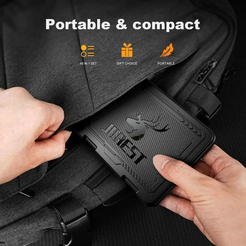 Person placing 40 Piece Precision Screwdriver Set with Torx Triwing and Phillips Bits for MacBook Computer in a backpack