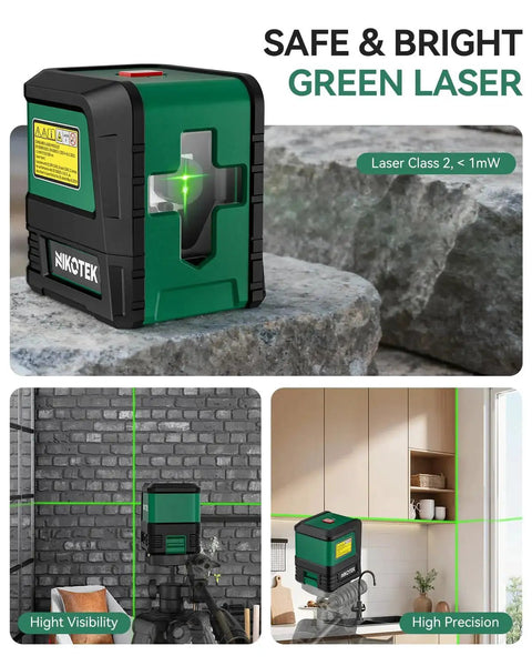 Achieve fast, precise alignment with this compact self-leveling green laser level showing bright horizontal and vertical lines.