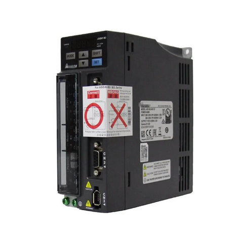 Side view of Servo Drive 400W ASD-B2-0421-B Sealed in Box 1 Year Warranty Fast with connectors and labels visible.