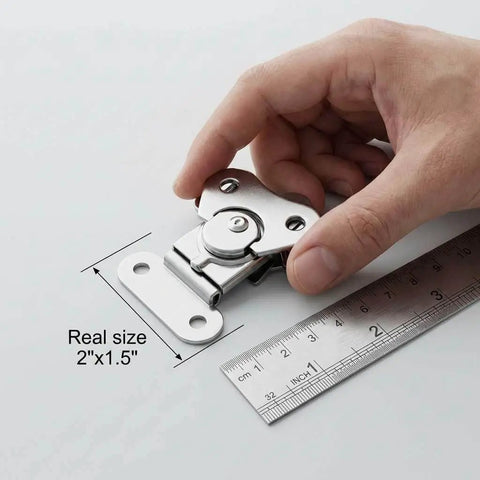Sturdy 304 stainless steel latch set with a compact 2x1.5 inch footprint, four-pack being measured for secure lid closure.