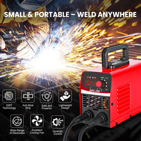 Portable Stick Welder Kit All In One 250Amp 110V Beginner Friendly with display and features visible
