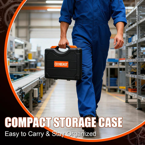Person carrying Heavy Duty 320 Piece Helicoil Thread Repair Kit With Metric And SAE Inserts in a compact storage case in workshop