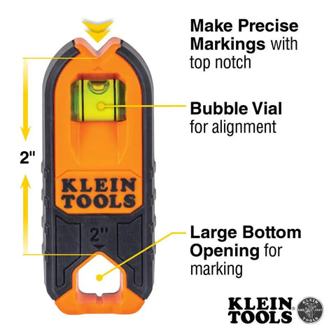 Compact Magnetic Stud Finder And Level With Bubble Vial For Wood And Metal Detection Rare Earth Magnet For Fast Metal Studs And Fasteners Felt Pad Backing Protects Drywall Precise Markings Easy Portable Tool featuring bubble vial and precise markings, Klein Tools brand, front view.