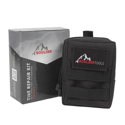 Compact Tire Repair Kit With Molle Storage Pouch, Heavy Duty Universal Tire Plug Kit For UTV ATV Truck Motorcycle Overlanding Gear Or RV, Easily Stows For On The Go Emergency Tire Fix, shown with black Molle pouch and branded box.