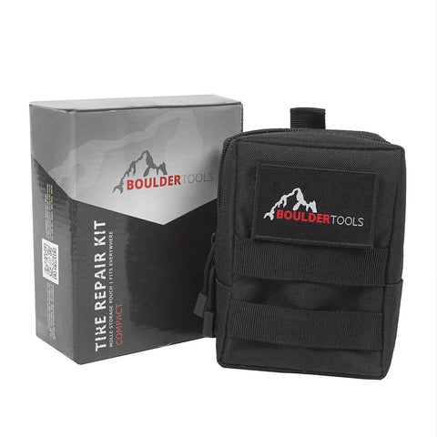 Compact Tire Repair Kit With Molle Storage Pouch, Heavy Duty Universal Tire Plug Kit For UTV ATV Truck Motorcycle Overlanding Gear Or RV, Easily Stows For On The Go Emergency Tire Fix, shown with black MOLLE pouch and packaging.