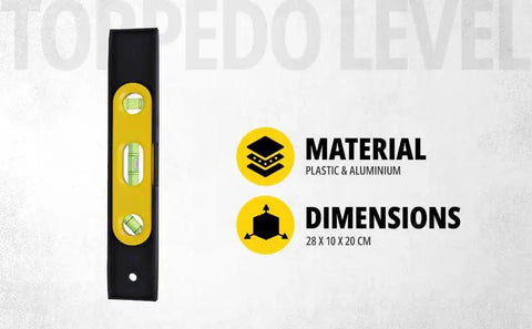 Compact 9 inch torpedo level with magnetic base for fast, accurate layout checks; includes three 360 degree vials for dependable readings in woodworking, cabinetry, metal fabrication, and general construction next to material and dimensions info