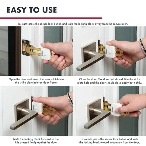 Compact Travel Door Lock Portable Security Lock for Hotels and Rentals installed on door, tool-free installation steps shown.