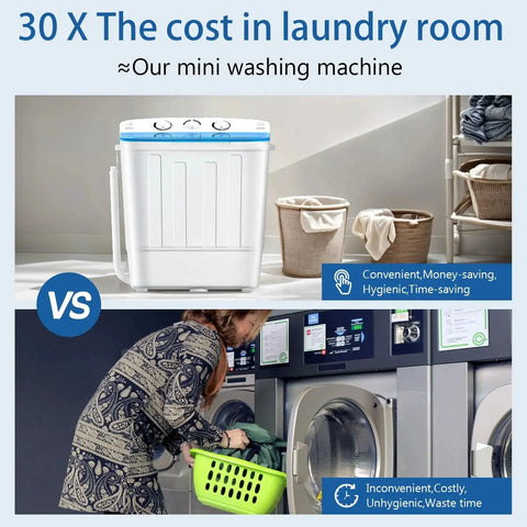 Compact twin-tub portable washer with a drying rack and 10 hangers delivers powerful stain removal in tight spaces like dorms, apartments, and RVs, featuring a 1300RPM motor, 11lb wash and 7lb spin, and space-saving, semi-automatic operation, shown in a comparison with a laundromat scene.