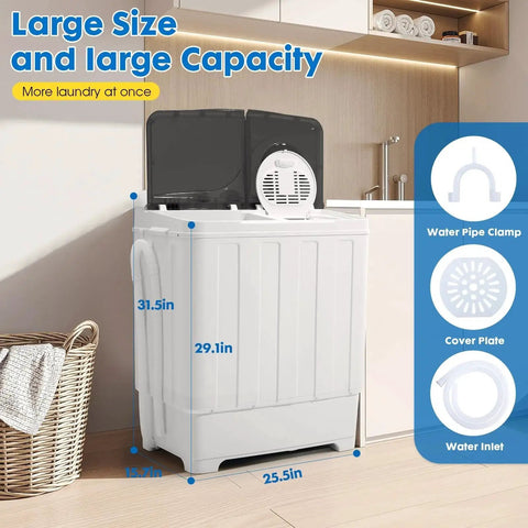 Compact portable twin-tub washing machine with 18 lb wash, 10 lb dry capacity and 28 lb total, featuring a built in drain pump