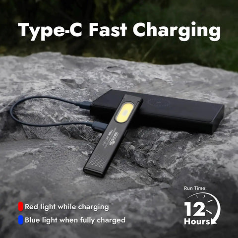 Compact multi mode pocket flashlight delivers 675 lumens, USB C recharge, shown charging on rocky surface outdoors