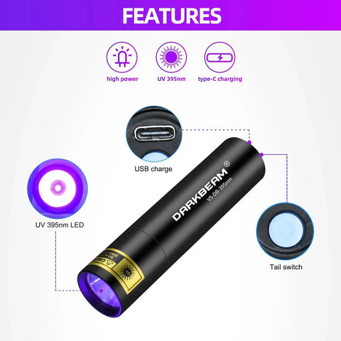 Ultra compact 395nm UV flashlight, USB-C rechargeable in 1 hour, delivering powerful 1300mW for quick pet urine and stain detection