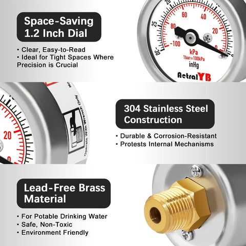 AetralYB Mini Vacuum Pressure Gauge with 1.2 inch dial, stainless steel housing, brass internals