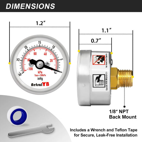 AetralYB Mini Vacuum Pressure Gauge, stainless steel housing, brass internals, 1.2 in dial, 1/8 in NPT back mount