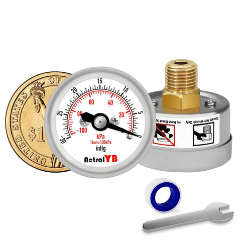 AetralYB mini vacuum pressure gauge with stainless steel housing, brass internals, 1.2 in dial, back-mount 1/8 in NPT