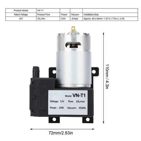 Compact DC 12V Vacuum Pump With 81 KPa Negative Pressure And 10 Liters Per Minute Airflow, model VN-T1 with specifications shown
