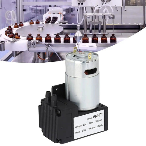 Compact DC 12V Vacuum Pump With 81 KPa Negative Pressure And 10 Liters Per Minute Airflow for industrial automation tasks.