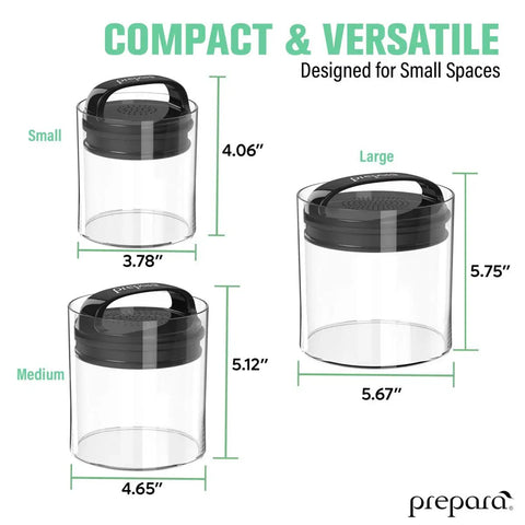 Compact Vacuum Seal Canisters With Twin Valve Airtight Lids, BPA Free, Short Set Of 3 In Assorted Sizes, Small Medium Large