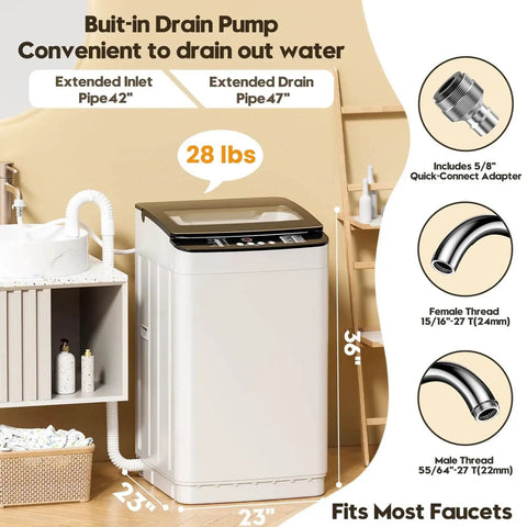 Compact 28 lb washer and 2.6 cu ft dryer combo for apartments, dorms, and RVs, shown with dimensions and drain pump features.