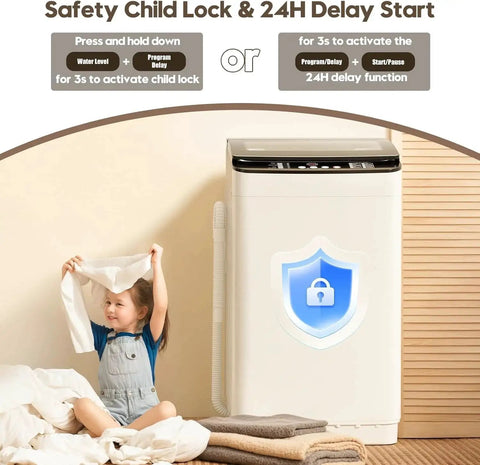 Compact 28 lb washer and 2.6 cu ft dryer combo delivers space-saving laundry power for apartments, dorms, and RVs with safety features