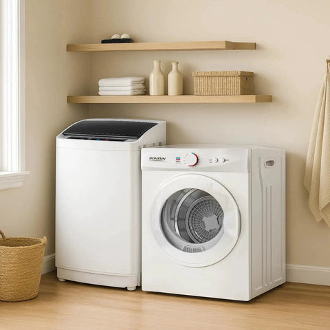 Two in one space saving washer and dryer combo that handles up to 17.8 lb wash and 10.6 lb dry, installed in a small laundry space