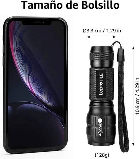 Compact Waterproof LED Flashlight 2 Pack With Zoomable Focus For Outdoor Camping Emergency Travel Palm Size side view with smartphone