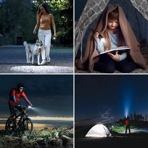 People using Compact Waterproof LED Flashlight 2 Pack With Zoomable Focus for outdoor activities like camping and walking.
