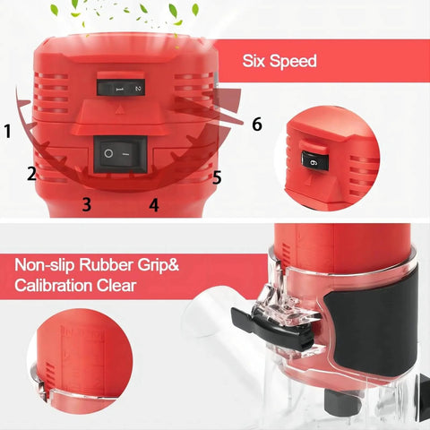 Close-up of a 650W Compact Wood Router showing six speeds, non-slip grip, and dust hood. Includes 12 piece 1 quarter inch bit set.