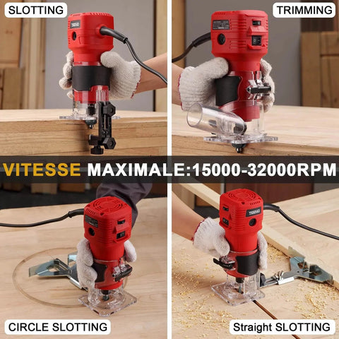 650W Compact Wood Router With 12 Piece 1 Quarter Inch Bit Set Six Speeds Edge Guide Dust Hood in various woodworking uses